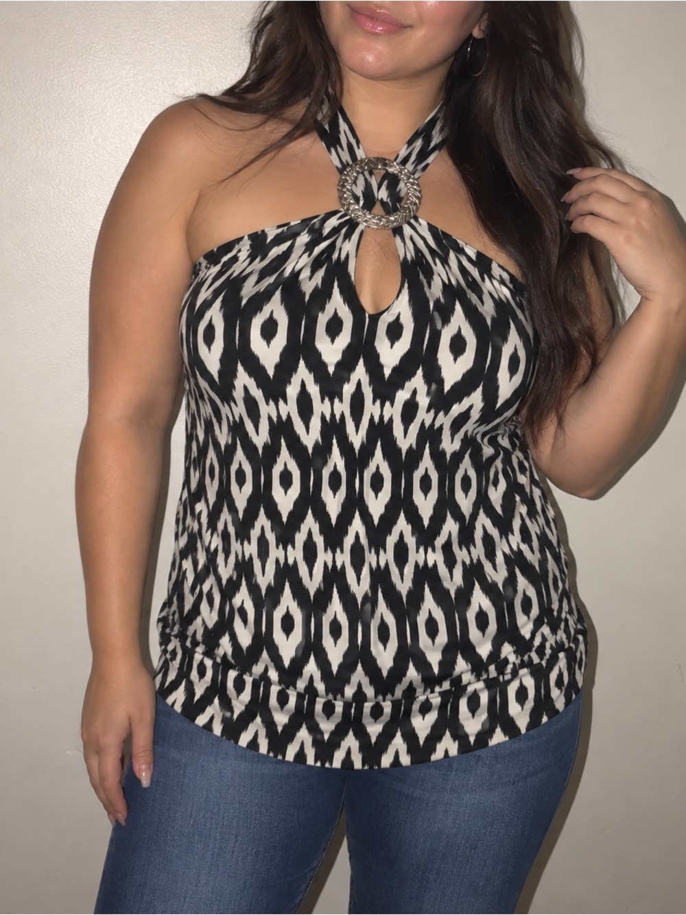 Y2K Girl Talk Black White Geometric Halter Top Size Large